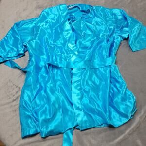 DreamGirl Nightgown Set Womens Small Robe Blue Satin Front Adjustable Tie Back